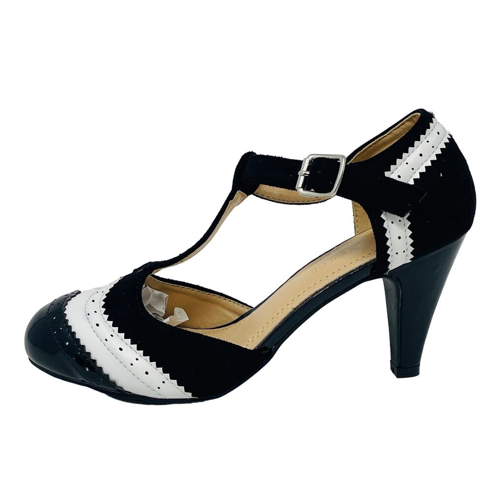 Chase + Chloe Black and White T-Strap Heels